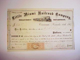 1867 Little Miami Railroad Cincinnati Stock Dividend Certificate W/revenue Stamp photo