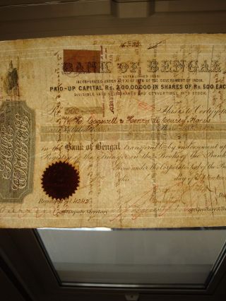 India 1876 Bank Of Bengal Share Certificate photo