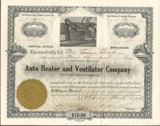 1918 Auto Heater & Ventilator Company South Dakota Stock Certificate 500 Share A photo