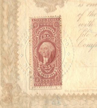 U.  S.  Scott R49 Red 25 Cent Protest Revenue Stamp On 1865 Federal Oil Stock Cert. photo