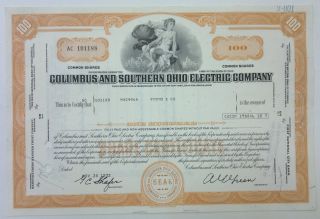 Columbus & Southern Ohio Electric Co 1972 Share Certificate 100 Shares Orange photo