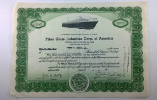 Fiber Glass Industries Corp.  Of America,  Stock Certificate,  Florida,  Boating photo