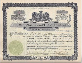 Imperial Coaches Limited Stock Certificate 1906,  Early Buses,  Toronto photo
