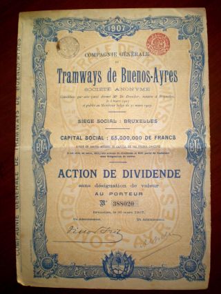 Argentina,  Tramways De Buenos Aires,  Share Certificate 1907,  Good photo