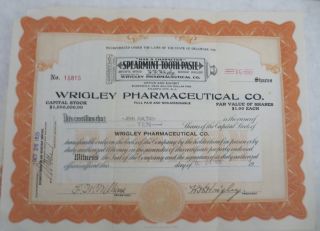Wrigley Pharmaceutical Co.  Spearmint Toothpaste Stocks Certificates Oct 24,  1925 photo