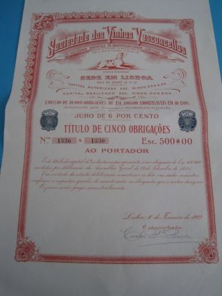 Society Of Wine Vasconcellos - Five Duties Certificate Share - 1922 photo