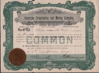 Stock Certificate - American Fireproof & Mining Company/$1/1917 photo
