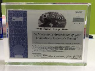 Enron Corp Stock Certificate In Cubed Lucite Plastic Dated April 14,  1998 photo