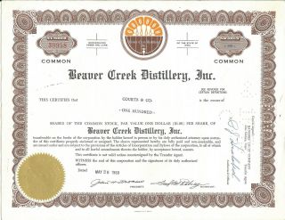 Beaver Creek Distillery Stock Certificate - Cancelled 100 Shares - Iowa 1968 photo