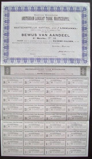 Netherlands 1898 Bond Amsterdam Langkat Tabak Maatschappij Tobacco. .  B1542 photo