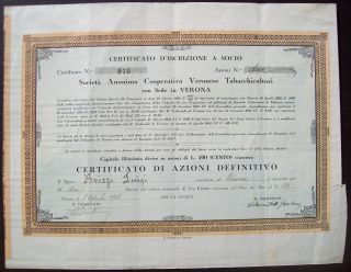 Italy 1938 Bond With Coupons Cooperative Veronese Tabaccicultori Tobacco.  B1572 photo