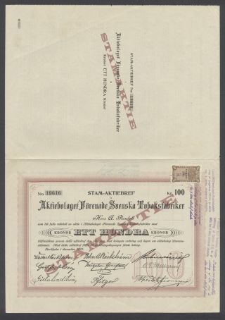 Sweden 1912 Bond Certificate Forenade Svenska Tobaksfabriker Stockholm.  B1568 photo
