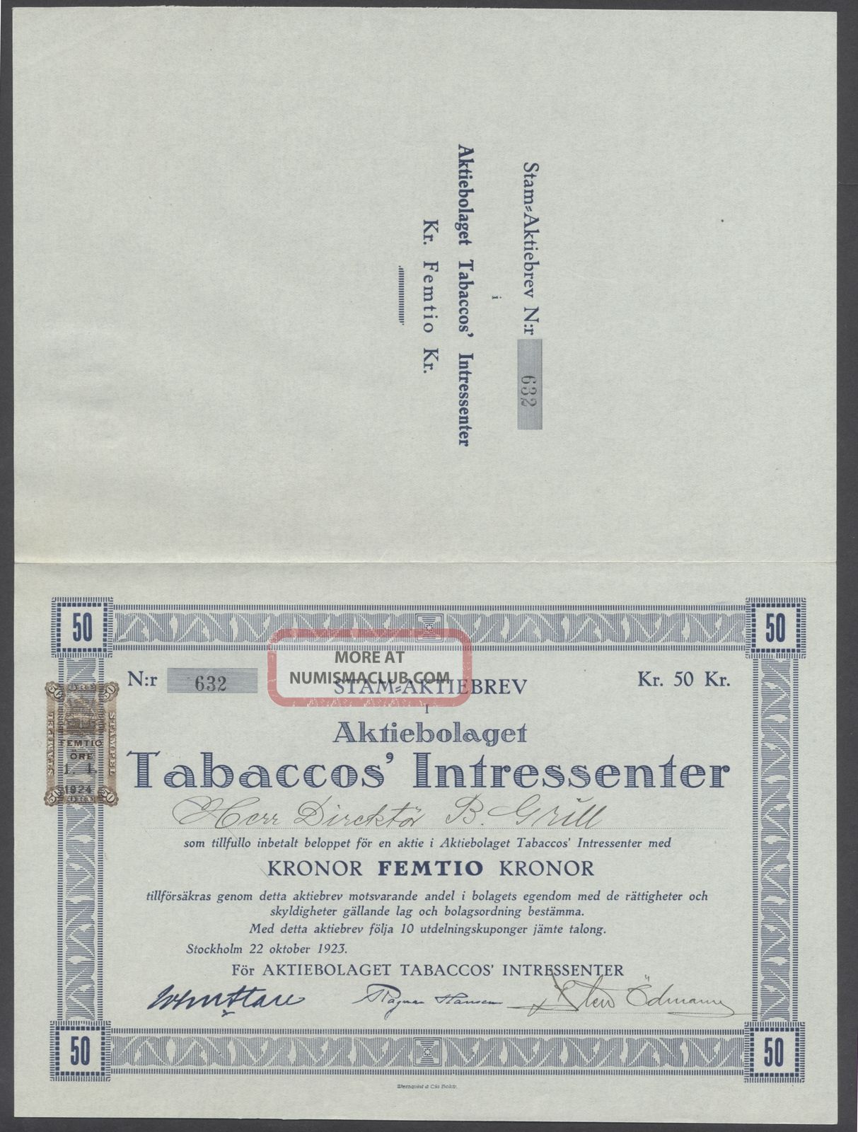 Sweden 1923 Bond Certificate Tabaccos #39 Intressenter Stockholm B1566