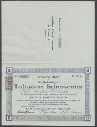 Sweden 1923 Bond Certificate Tabaccos ' Intressenter Stockholm. .  B1566 photo
