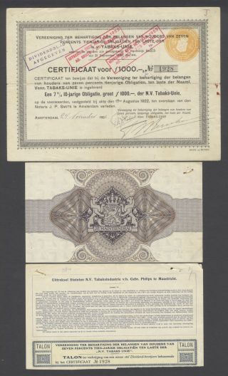 Netherlands 1922 Bond Certificate - Nv Tabaks Unie Amterdam - Tobacco.  B1536 photo