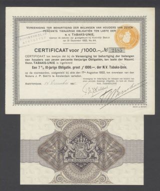 Netherlands 1922 Bond Certificate - Nv Tabaks Unie Amterdam - Tobacco.  B1535 photo