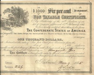United States$1000 Confederate States Of America 6 Non Taxable Cert 3 - 9 - 1865. photo