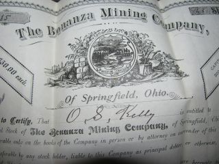 1884 Stock Certificate Bonanza Mining Company Springfield Ohio O.  S.  Kelly photo