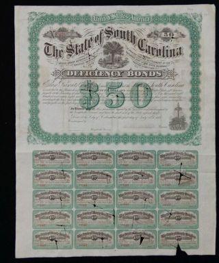 1878 South Carolina Deficiency Bond,  $50,  With 20 Coupons photo