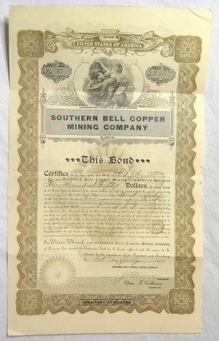 1909 Bond Certificate For The Southern Bell Copper Mining Company Of Arizona photo