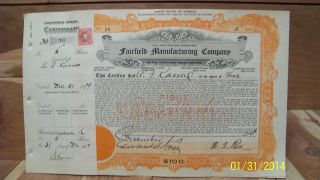Fairfield Manufacturing Company Stock Certificate No.  16 Dec.  31,  1919 photo