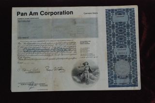 Pan Am Corporation Common Share Stock Certificate 1987. photo