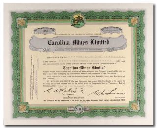 S388 Carolina Mines Limited 1957 Stock Certificate Green photo