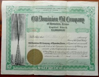 Vintage Old Dominion Oil Co Houston,  Texas Tex Stock Certificate 1921 photo