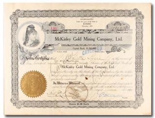 S249 Mckinley Gold Mining Company Stock Certificate Idaho Black & Gold photo