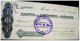 Mexico Mexican 1913 Uk London Banco Londres Y 200 Pesos Check Bill photo