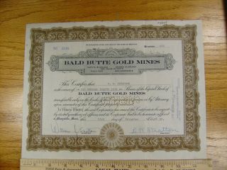1933 Bald Butte Gold Mines Stock Certificate Marysville,  Montana Low photo