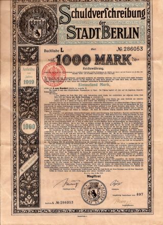German Stadtberlin Bond 1000 Mark 1919 Issue W Coupons Schuldversschreibung photo