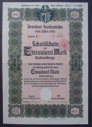 Germany City Of Dresden 4 - 1/2 Bond 1000 Mark 1922 Uncancelled,  Coupon Sheet photo