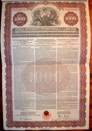 German Government 1000 Us$ Gold Bond Young Loan 1930 In Default And Cancelled photo