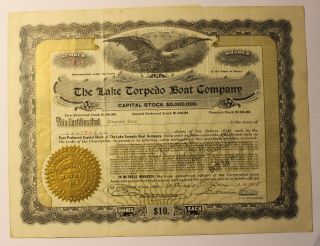 1915 Lake Torpedo Boat Co.  Stock Certificate Signed By Simon Lake Submarines photo