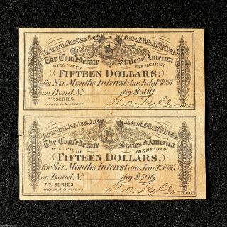 1887 Us Confederate Fifteen Dollar Bond Old Rare Collectable War Currency Money photo