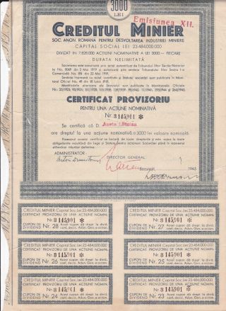 Rare Romania 1945 Mining Stock Bond No.  3145901 - Xii Issue - 3000 Lei photo
