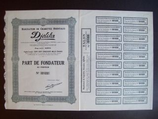 Switzerland 1933 Bond Certificate Cigarettes Orientales Djelika Geneve.  B995 photo