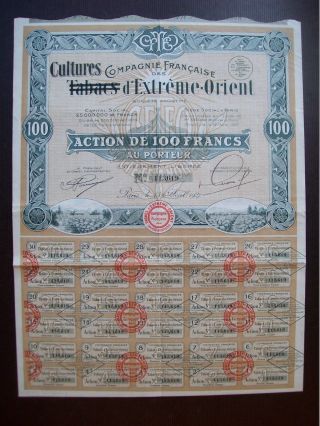 France 1927 Illustrated Bond Compagnie De Tabacs Cultures D ' Extreme Orient.  B993 photo