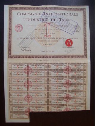 France 1924 Illustrated Bond Certificate Compagnie L ' Industrie Du Tabac.  B984 photo