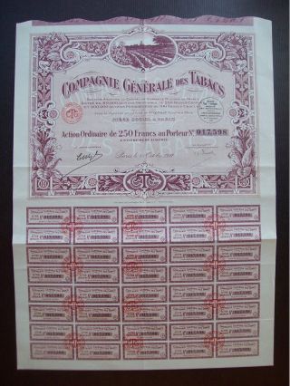 France 1927 Illustrated Bond Certificate Compagnie Generale Des Tabacs.  B983 photo