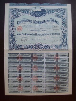 France 1927 Illustrated Bond Certificate Compagnie Generale Des Tabacs.  B982 photo