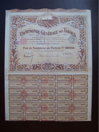 France 1919 Illustrated Bond Certificate Compagnie Generale Des Tabacs.  B981 photo