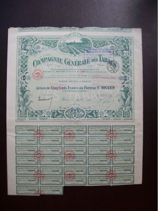 France 1920 Illustrated Bond Certificate Compagnie Generale Des Tabacs.  B979 photo