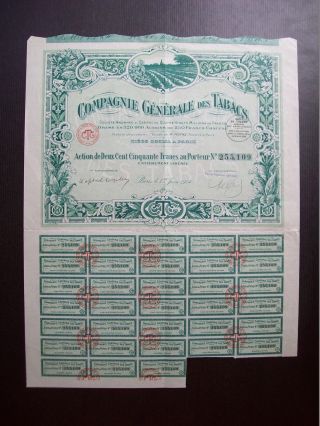 France 1924 Illustrated Bond Certificate Compagnie Generale Des Tabacs.  B978 photo