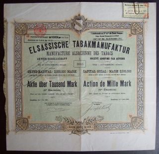 Germany 1908 Bond Certificate Elsassische Tabakmanufaktur Strasbourg.  B976 photo