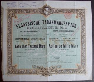 Germany 1904 Bond Certificate Elsassische Tabakmanufaktur Strasbourg.  B974 photo