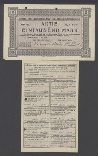Germany 1923 Bond Certificate Tabak Cigarrenfabrik Lommes Kaldenkirchen.  B973 photo