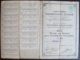 Netherlands 1888 Bond Certificate Tabac Maatschappij Deli Ahasam Coupons.  A9782 photo