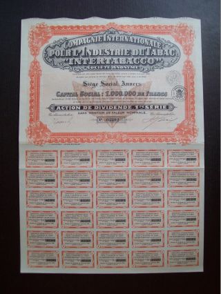 Belgium 1930 Bond - Intertabacco Tabac Compagnie Anvers - With Coupons.  A9770 photo